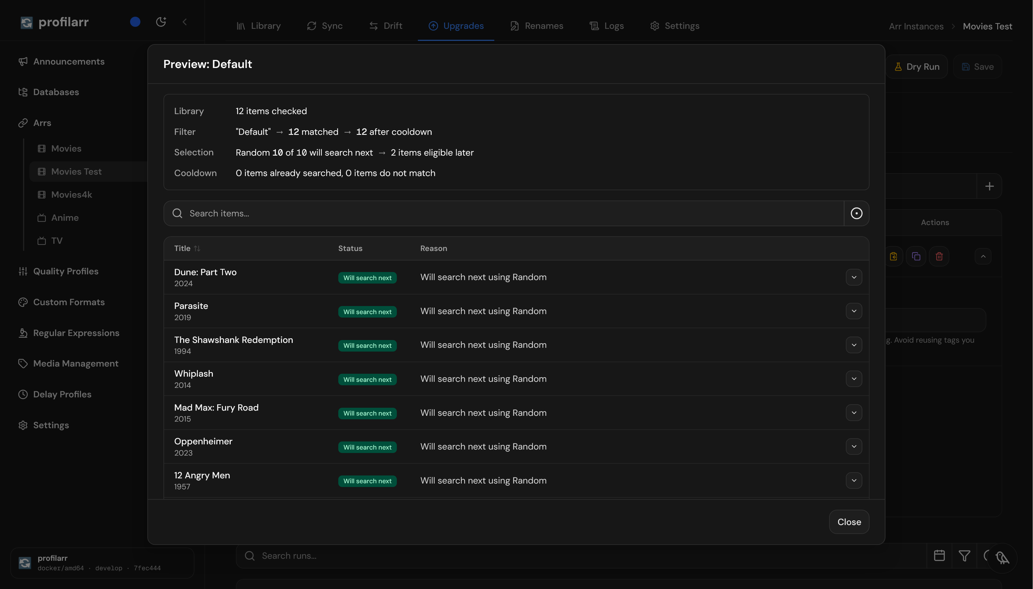 The default filter preview with twelve matching movies, ten selected to search next, and two eligible later